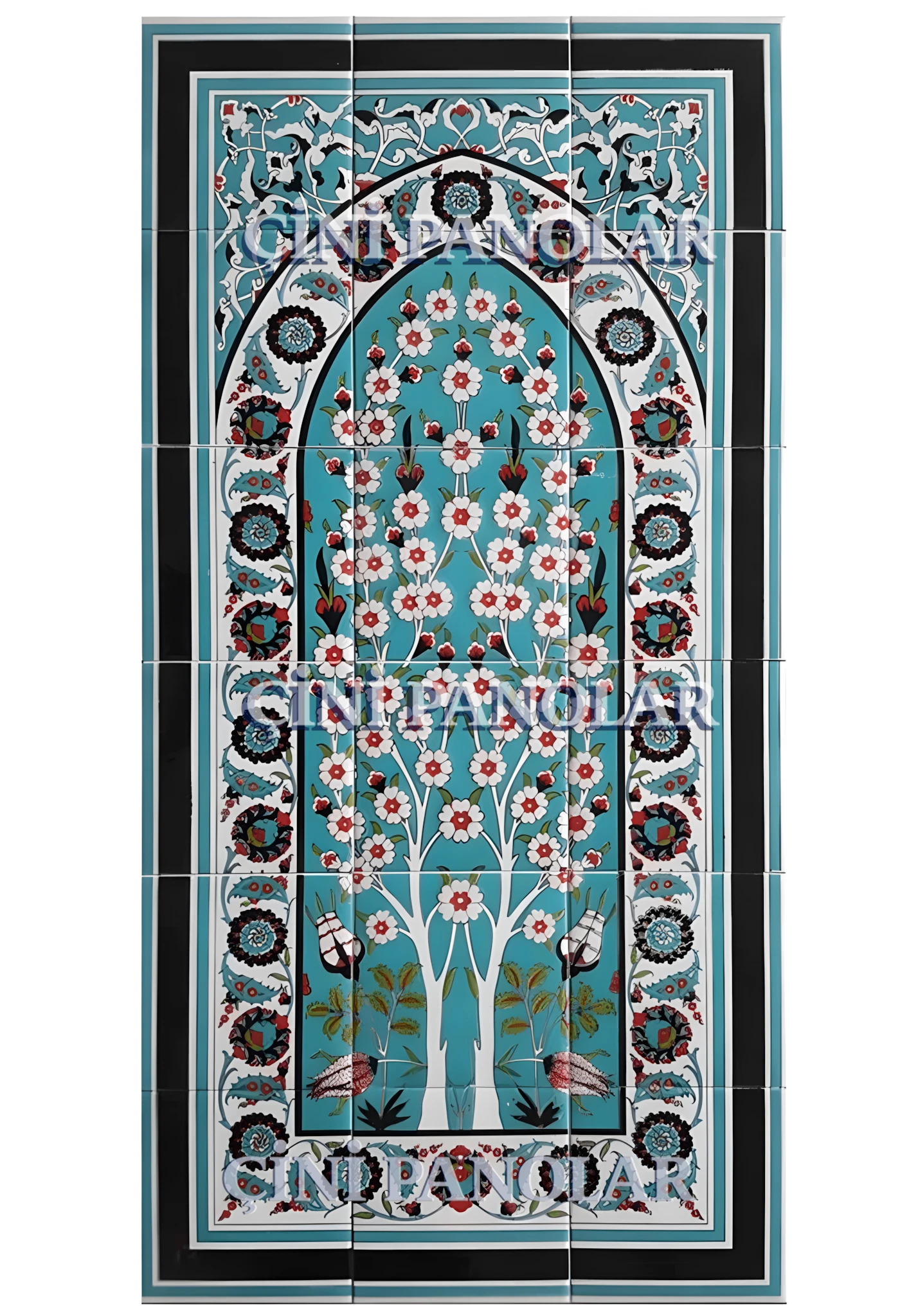 Çini Panolar - 19, Hayat Ağacı Kütahya Çini Pano Turkuaz Zemin 60x120